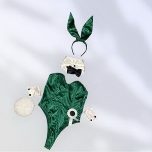 Playboy Bunny Green Satin Bunny Costume Set S/M 5pc Playboy Style Bodysuit Ears